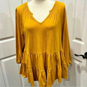 Est. 1946 mustard yellow tiered cotton blouse shirt boho v neck
